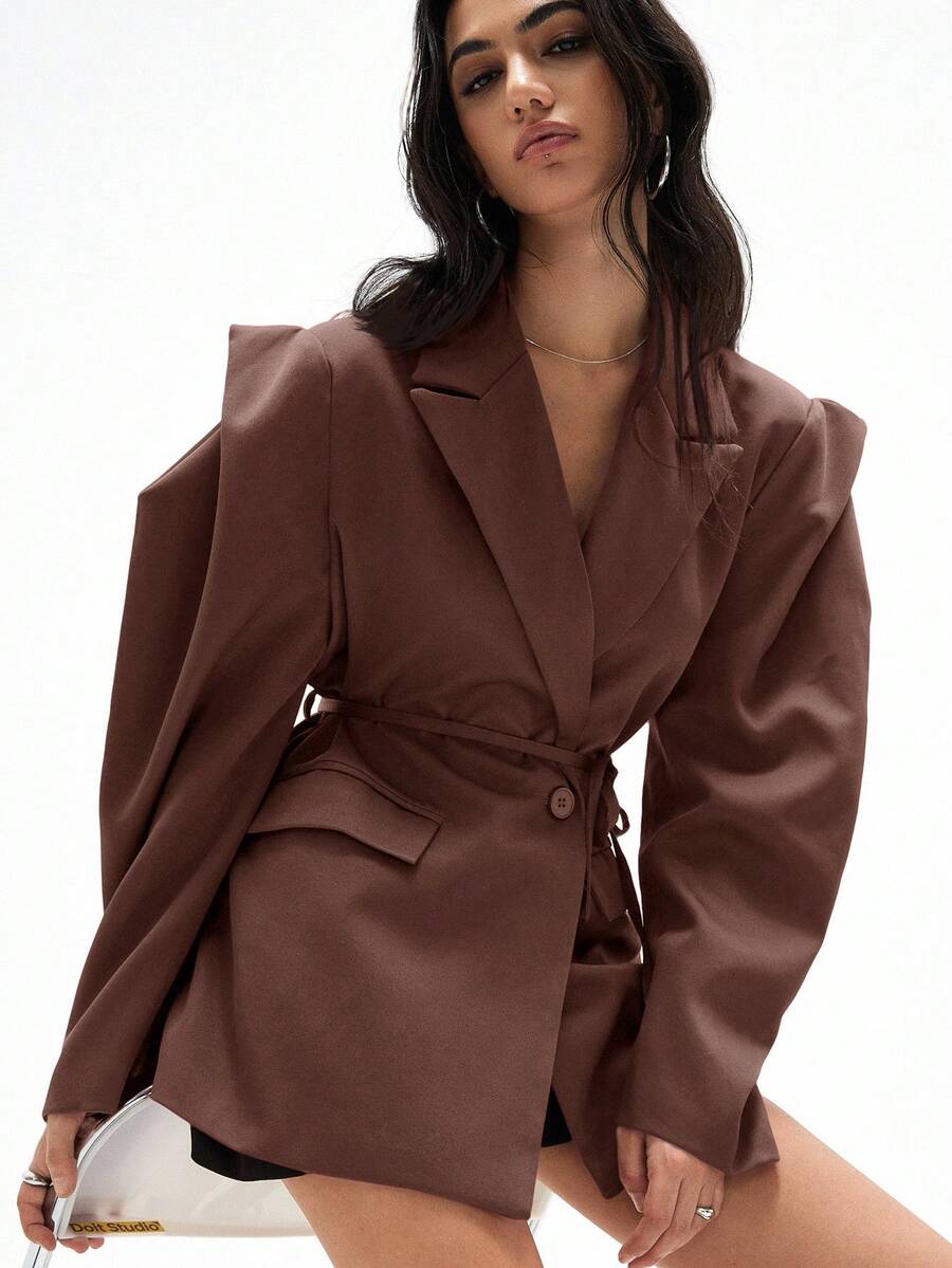Aveloria GENKIRA Loose Fit Casual Commuter Versatile Extra Wide Shoulder Silhouette Drawstring Decor Solid Color Blazer - Rusty Rose - View 1