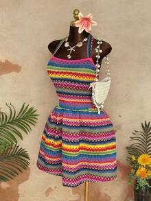 Sunspun Plus Size Spaghetti Strap Sexy Tropical Backless Dress - Multicolor - View 7