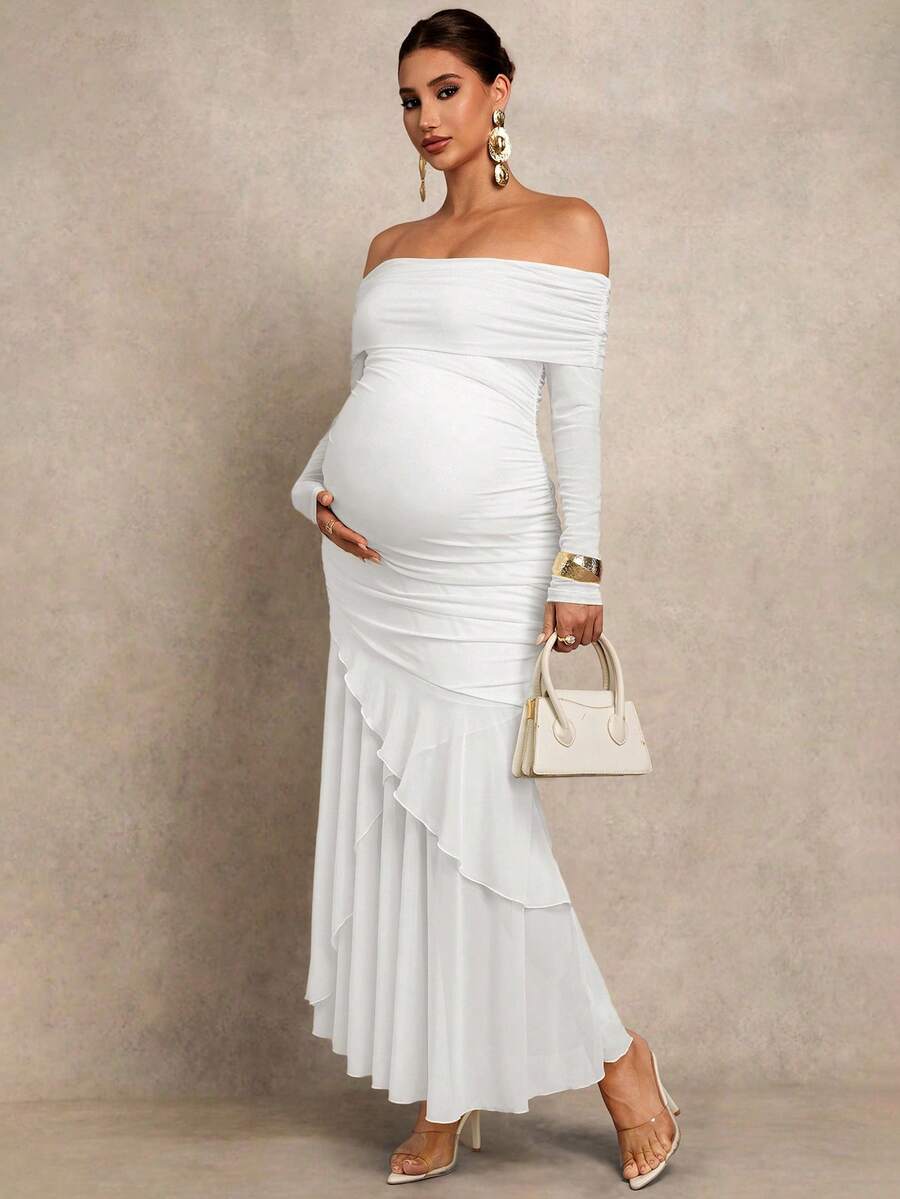MaterniChic Maternity Solid Color Casual Off-Shoulder Dress - White - View 1