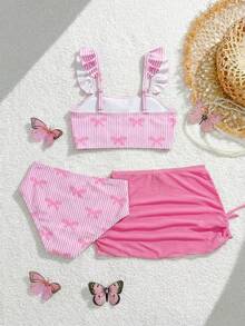 小女孩可爱粉色条纹蝴蝶结针织比基尼套装，荷叶边装饰，时尚分体式泳衣带裙摆，适合游泳、海滩、泳池、夏季假期。 - 粉色 - 查看 2