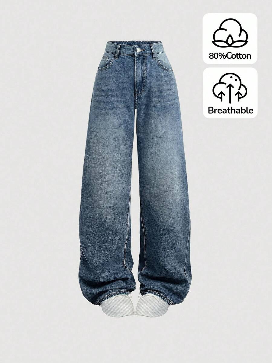 SHEIN Girlism 少女Y2K宽松休闲牛仔裤,带口袋和阔腿,少女暑假服装牛仔裤套装。 - 淺色水洗藍 - 查看 1