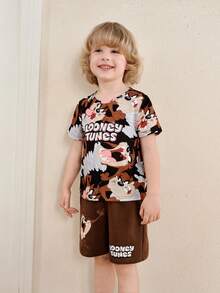 LOONEY TUNES X SHEIN Young Boy Cartoon Print Short Sleeve T-Shirt And Shorts Set, - Brown - View 4
