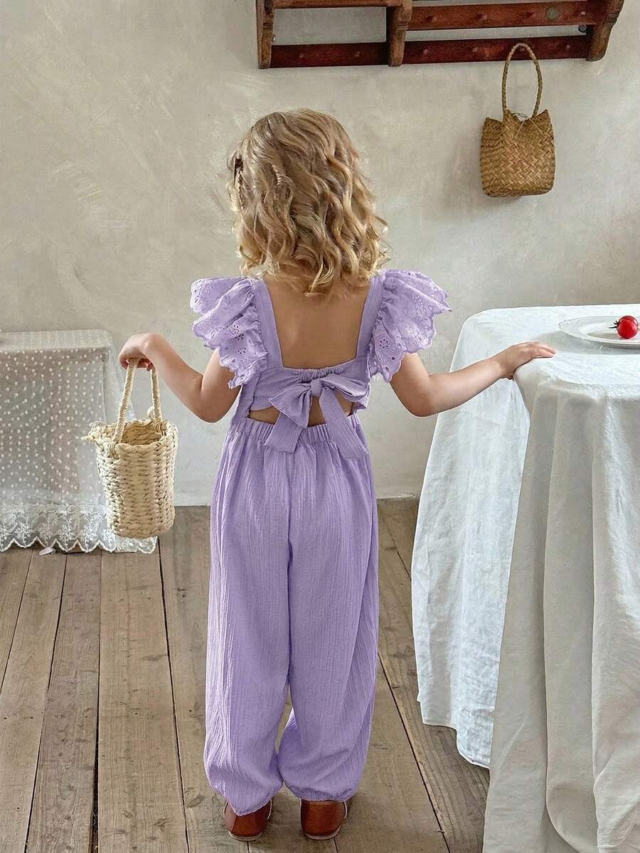 SHEIN X Scheana LMoss Kids Bộ áo liền quần dệt kim màu trơn có bèo nhún ở gấu dành cho bé gái - Màu tím hoa cà - Xem 1