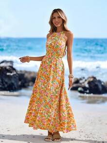 Sylviya 女士休闲碎花吊带连衣裙，夏季假日 - 彩色 - 查看 2