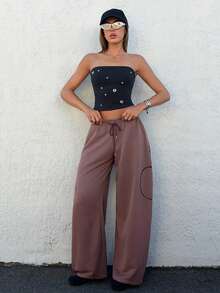 Muchica 棕色字母印花针织女式阔腿运动裤 - 棕色 - 查看 3