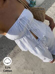Sunnyshic Blue & White Striped Cotton Cropped Camisole With Front Tie & Open Back, Paired With Low-Waist Straight Leg Pants, Women Spring/Summer Vacation, Beach, Elegant Commute, Minimalist Everyday Casual Outfit - Blue - View 1
