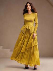 Anewsta Damen Herbst Rundhals Plissee Taille Langarm Top + asymmetrischer Dreischicht-Rock, elegantes, schickes Outfit für Herbst, Party, Weihnachten, Neujahr, Hochzeit - Gelb - Übersicht 6