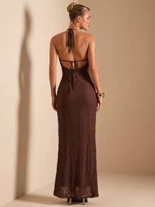 SHEIN BAE 女士棕色串珠吊带露背美人鱼蕾丝连衣裙，蕾丝连衣裙 - 鏽棕色 - 查看 2