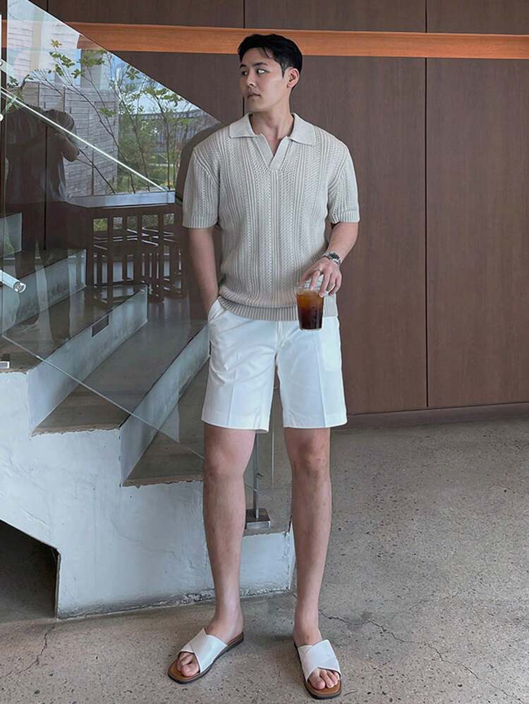 Grey Short Sleeve Polo Collar Knit Top For Men, Summer