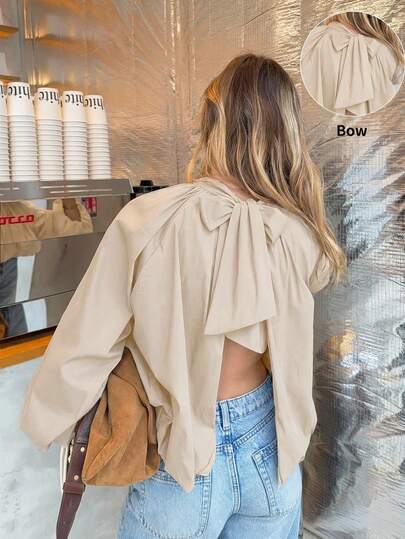 Serisse Áo kiểu nữ màu trơn, xếp ly, buộc dây sau lưng, thời trang, đa năng, mặc hàng ngày.