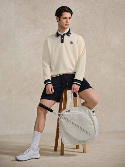 Courvante 男士撞色拼接纽扣前开襟休闲套头卫衣，秋季款，长袖上衣，Tenniscore Preppy