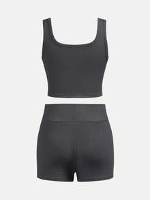 SHEIN Girlism 少女修身休闲圆领背心和骑行短裤多件套 - 深灰色 - 查看 14