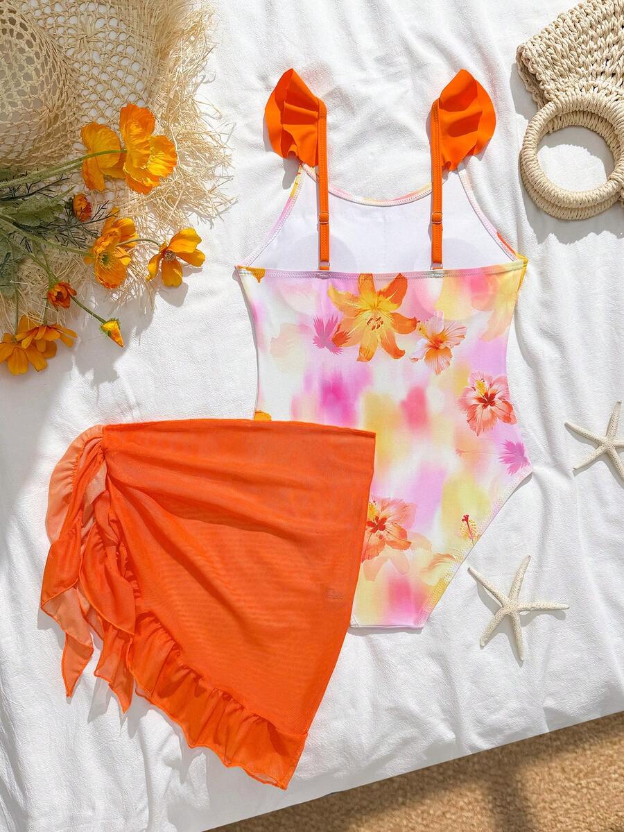 SHEIN Tween Girls Floral Print One-Piece Swimsuit With Shoulder Strap & Ruffle Design, Comes With Ruffled Cover-Up Skirt, Suitable For Swimming, Vacation, Beach In Summer - Multicolor - View 1