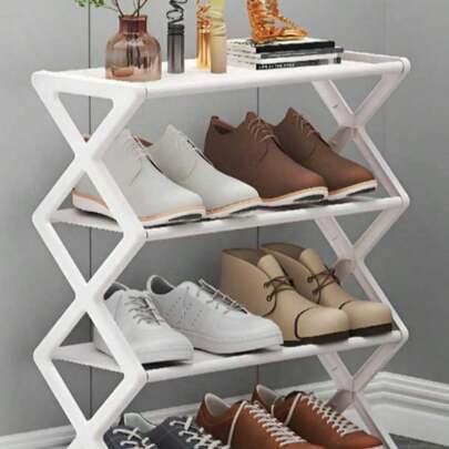 X型钢管鞋架，坚固省空间鞋柜，立式鞋架，四层鞋架，无需工具即可安装，防锈金属框架，高度可调节，设计紧凑，工业风，可堆叠节省空间，适用于门厅、衣柜和车库| 多功能鞋架，可存放靴子、运动鞋、高跟鞋和各种鞋子。