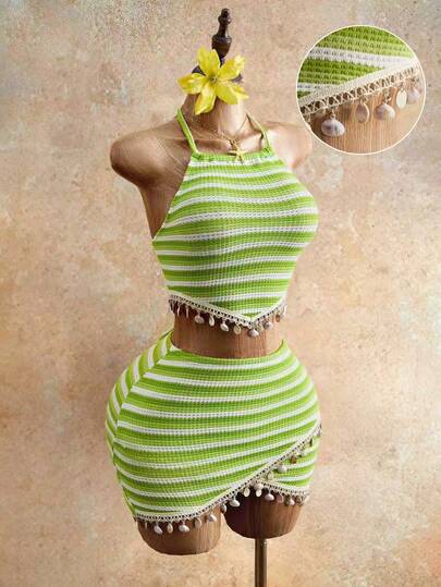 Mistrie 女士条纹贝壳边吊带上衣和迷你裙两件套