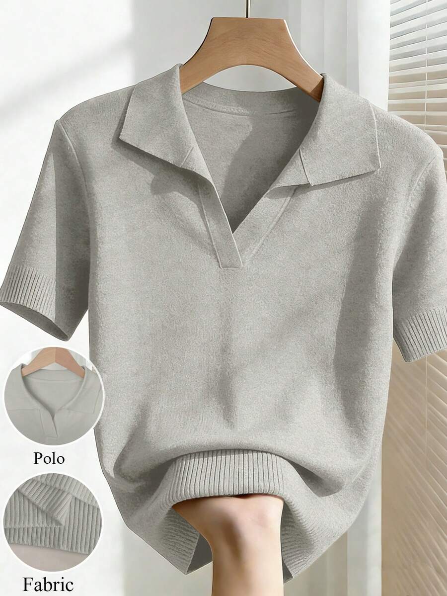 Franclia Áo dệt kim ngắn tay cổ bẻ đơn giản, màu trơn dành cho nữ, kiểu dáng ôm sát, thích hợp cho mùa xuân/hè. - Xám - Xem 1