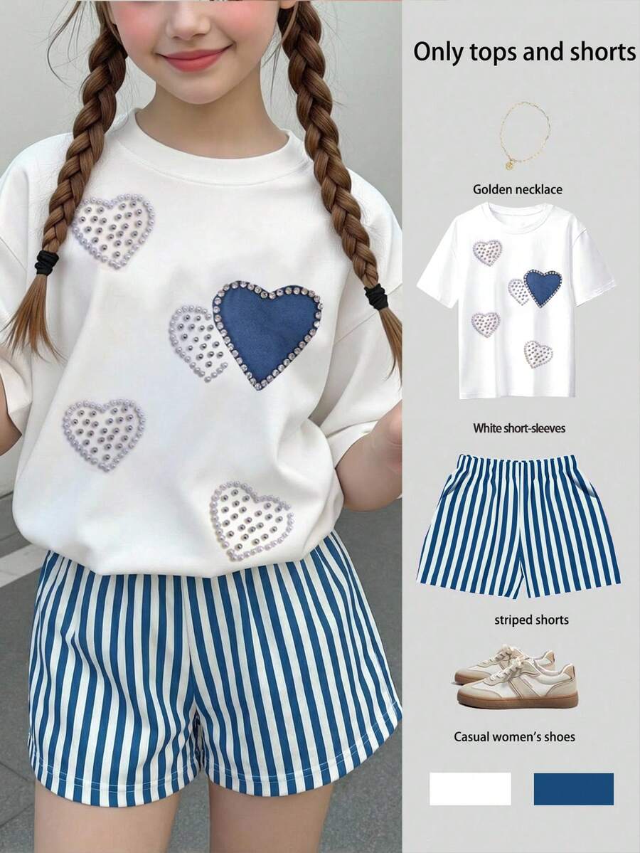 2pcs/Set Teen Girls Casual Heart Print Graphic Loose Round Neck Short Sleeve T-Shirt And Striped Loose Shorts, Suitable For Spring And Summer Cozy Styles - Multicolor - View 1
