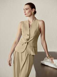 MOTF PREMIUM V领纽扣背心 - 卡其色 - 查看 4