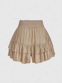 SHEIN LUNE Pantalones cortos de pierna ancha con cintura de bolsa de papel y dobladillo con volantes para tallas grandes - Albaricoque - Ver 2