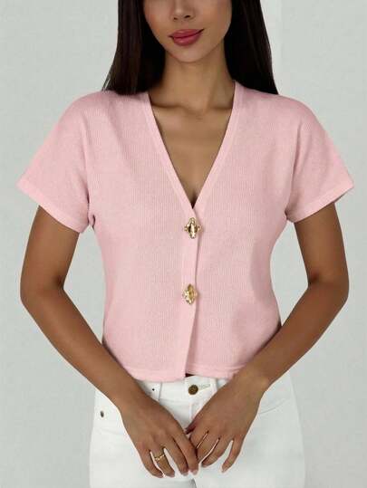 Aloruh Casual Minimalist Pink Short Sleeve Lightweight Cardigan For Women
