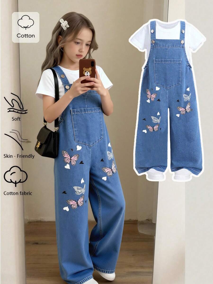 SHEIN Sparklyn Tween Girls' Summer Casual Fashion New Jumpsuit, Cute Butterfly Digital Print Pattern Metal Button Suspender Denim Long Pants, Suitable For Tween Girls Back To School Season, Cute Sweet Lively Lady Daily, School, Outing, Travel, Party, Photo Shoot Toddler Lilo And Stich Singlet Gap Cargo Toddler Boy Baby Blue Children - Blue - View 1
