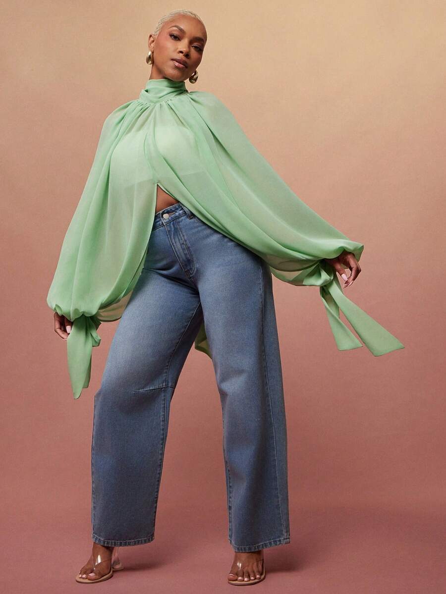 Vixey Sheer Chiffon Volume Balloon Sleeve Tie Neck Blouse - Green - View 1