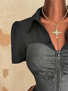 Sunspun Áo sơ mi nữ cỡ lớn tay ngắn xếp ly khóa kéo phía trước kiểu dáng thường ngày - màu đen - Xem 3