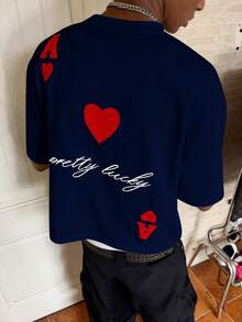 PAVTROS Men's Letter & Heart Print Casual Round Neck Short Sleeve T-Shirt, Summer - Navy Blue - View 6