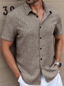Manfinity Homme Manfinity CasualCool 男士亚麻条纹短袖衬衫，适合夏季日常通勤 - 鏽棕色 - 查看 3