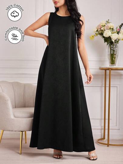 Al Najma 简约纯色圆领无袖宽松常规春夏女式连衣裙