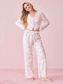 SHEIN 甜美清新蝴蝶结印花女士睡衣套装，ins风粉色蝴蝶结睡衣套装，秋冬服装 - 彩色 - 查看 5