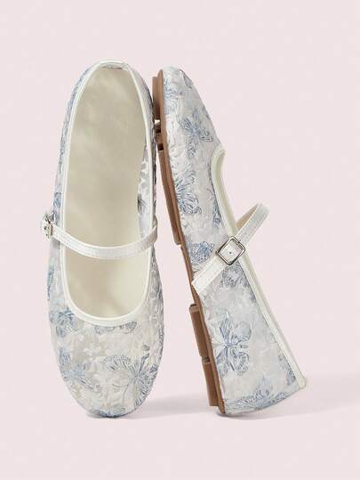 CUCCOO DOLLMOD Women's Shoes Fashion Round Head Flower Embroidery Word With Mary Jane Flats Cute And Sweet