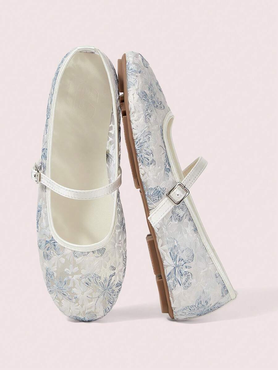 CUCCOO DOLLMOD Women's Shoes Fashion Round Head Flower Embroidery Word With Mary Jane Flats Cute And Sweet - Blue and White - View 1