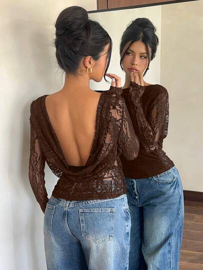 Siren Gaze Áo tay dài xuyên thấu, lưng chữ V sâu