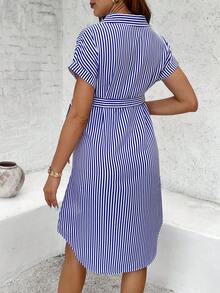 SHEIN 夏季孕妇休闲条纹纽扣短袖连衣裙 - 藍色 - 查看 2