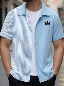 Mirajuku 青少年男童休闲条纹拼接撞色衬衫，时尚百搭，适合日常通勤，可搭配白色T恤和牛仔裤。 - 藍色 - 查看 8