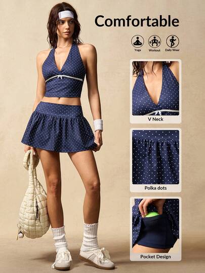VARSIVA Women's Summer Polka Dot Print Halter Top And Mini Skirt Sports Suit
