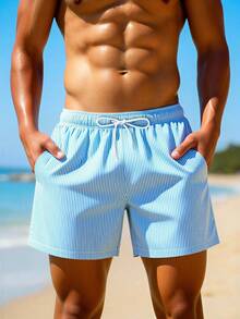 ZELFYO 男士休闲条纹沙滩短裤 - 藍色 - 查看 6