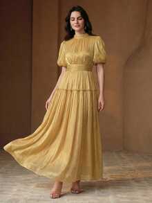 Anewsta Essential Anewsta 女士春夏金色优雅立领泡泡袖A字收腰长连衣裙，亮面面料，适合日常穿着、聚会、派对、情人节、婚礼等场合。 - 金色 - 查看 4