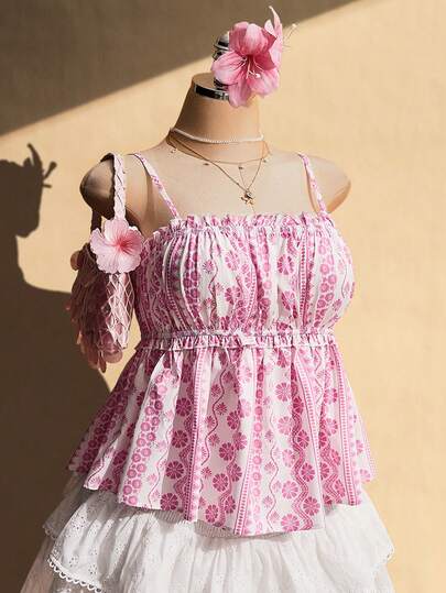 SHEIN ICON Plus Size Women's Spring/Summer Retro Sexy Simple Casual Fashion Individual Millennial Style Y2K Beach Vacation Floral Striped Pattern Bohemian Style Lace Hem Pink Camisole Top