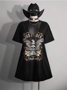 SHEIN ICON 大码女式V领网纱拼接T恤裙 - 黑色 - 查看 3