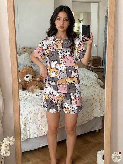SHEIN Tween 女童休闲简约猫咪卡通图案圆领短袖短裤睡衣，适合夏季