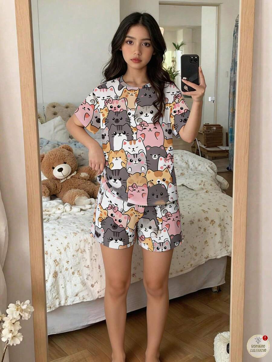 SHEIN Bộ đồ ngủ ngắn tay cổ tròn họa tiết hoạt hình mèo tối giản dành cho bé gái tuổi teen, phù hợp cho mùa hè - Nhiều màu - Xem 1