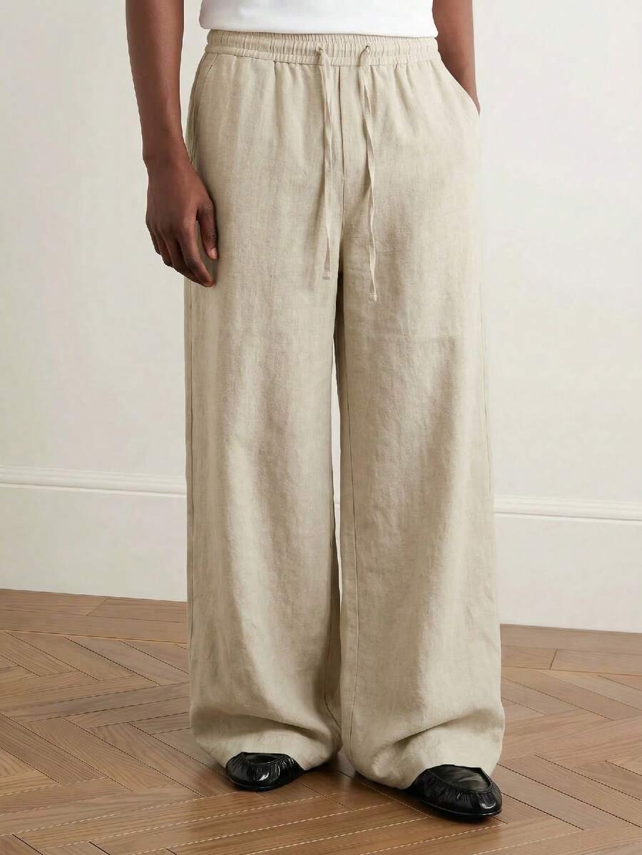 SWAVVY Men's Casual Comfortable Solid Color Elastic Waist Drawstring Pants Men Wide Leg Pant Wide Leg Sweats Loose Pants - Apricot - View 1