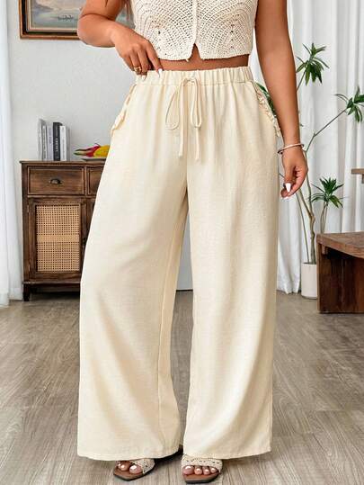 Weeklong Pantalones anchos de lino de unicolor albaricoque talla grande para mujer con bolsillos, dobladillo con volantes, cintura con cordón, casuales y cómodos para vacaciones