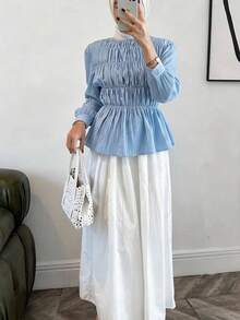 Solavon New Asymmetrical Hem A-Line Waist Flattering Crew Neck Long Sleeve Blouse, Versatile & Slimming - Baby Blue - View 1