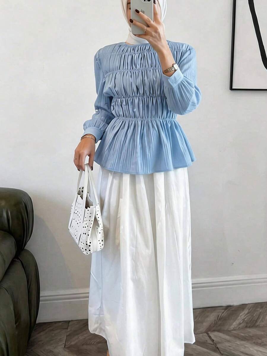 Solavon New Asymmetrical Hem A-Line Waist Flattering Crew Neck Long Sleeve Blouse, Versatile & Slimming - Baby Blue - View 1