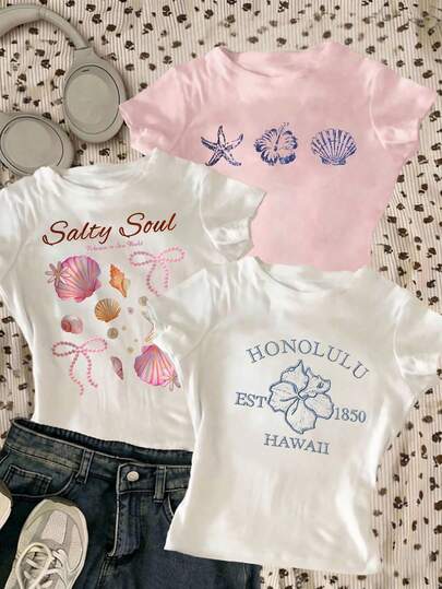 3件套少女休闲贝壳花卉印花短袖T恤，舒适时尚，适合春夏户外、海滩、摄影、居家、学校、度假等场合，亦可作为礼物。
