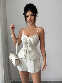 Selianne Bộ đồ công sở thanh lịch dành cho nữ, gồm áo hai dây dáng ôm, dây mảnh, xếp ly, thắt eo phía trước, quần ống rộng cạp cao hai dây, bộ vest thường ngày cổ điển cho nữ mùa xuân/hè, áo hai dây và áo nịt eo thiết yếu cho việc đi làm và du lịch. - Màu be - Xem 3