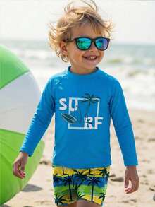 LMoss Kids Bộ 2 món gồm áo len cổ tròn tay raglan và quần short cạp chun họa tiết cây dừa hoạt hình màu xanh dương, chất liệu co giãn tốt, thích hợp cho kỳ nghỉ, bãi biển và bơi lội. - Nhiều màu - Xem 4